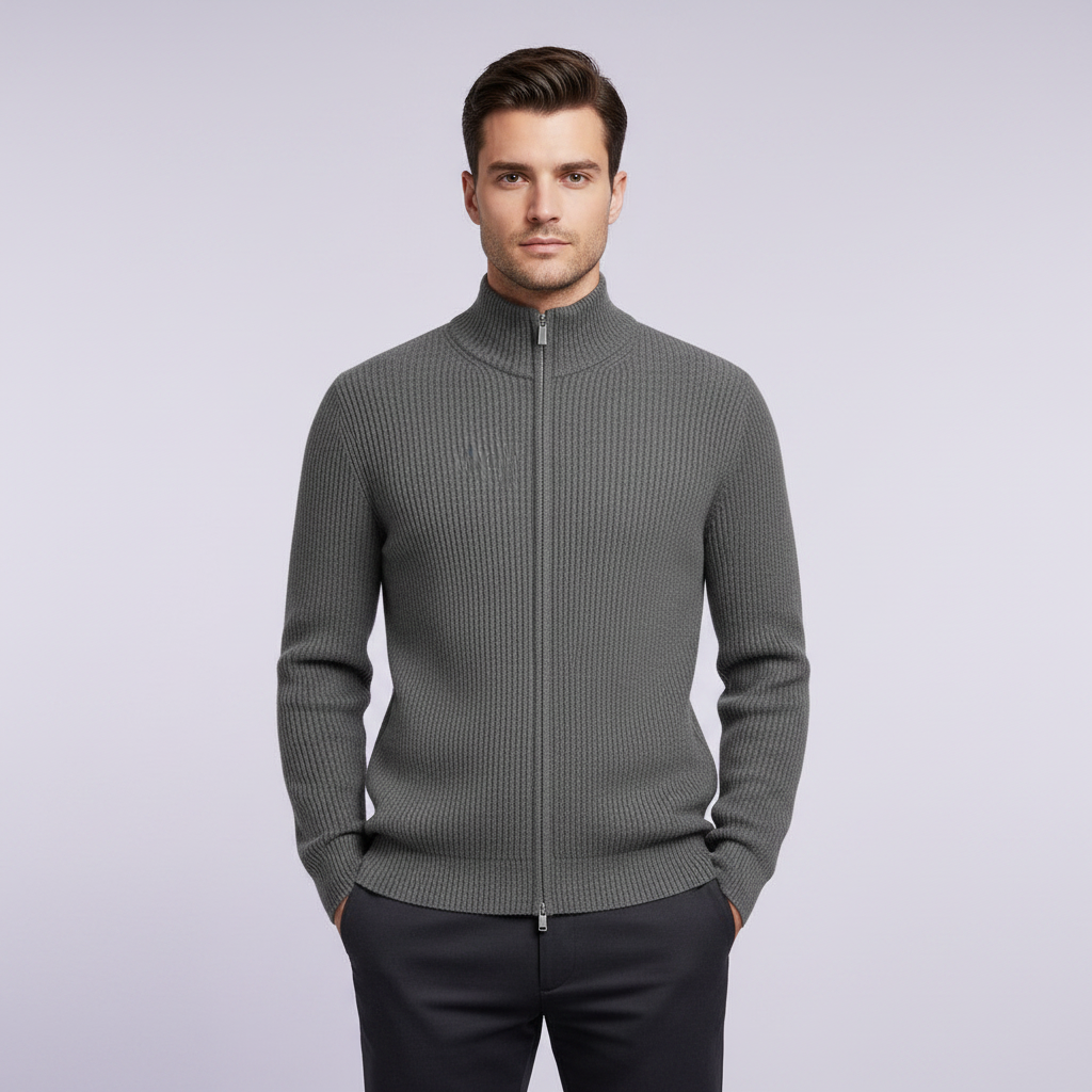 Herren Cardigan | Schmaler Reißverschluss Pullover mit Stehkragen
