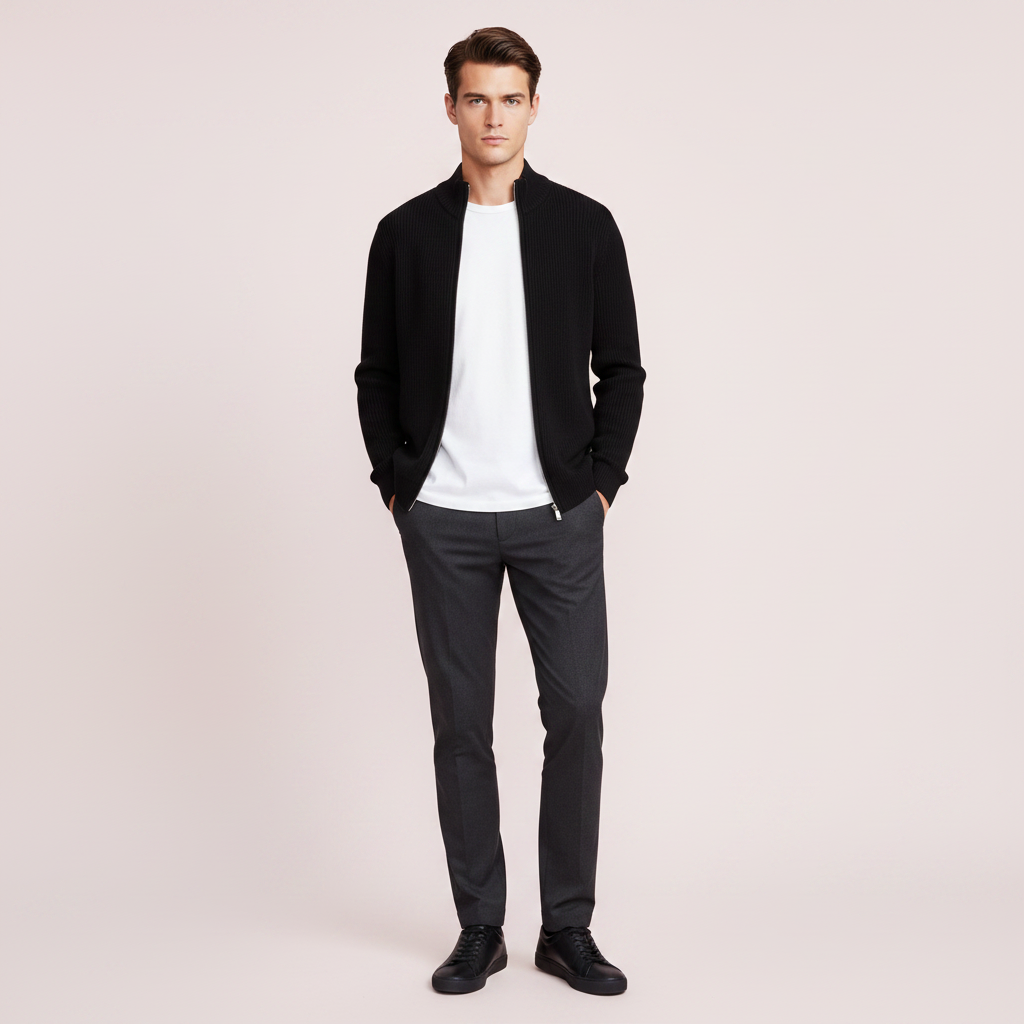 Herren Cardigan | Schmaler Reißverschluss Pullover mit Stehkragen
