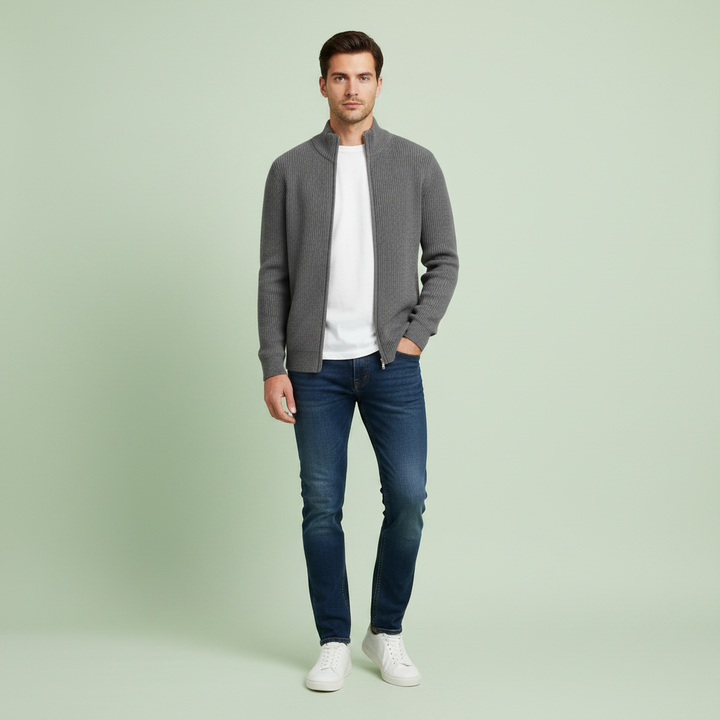 Herren Cardigan | Schmaler Reißverschluss Pullover mit Stehkragen